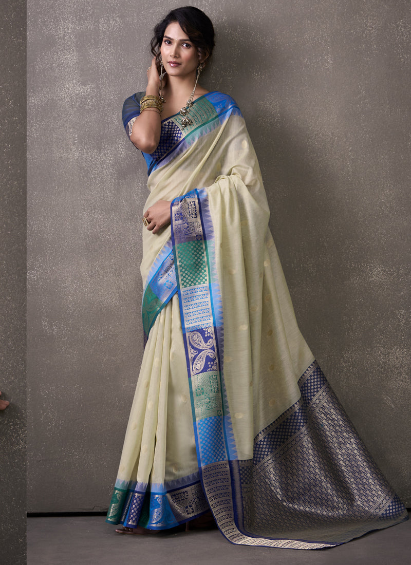 Navy Blue & Cream Cotton Rainbow Weaving Casual Wear Saree