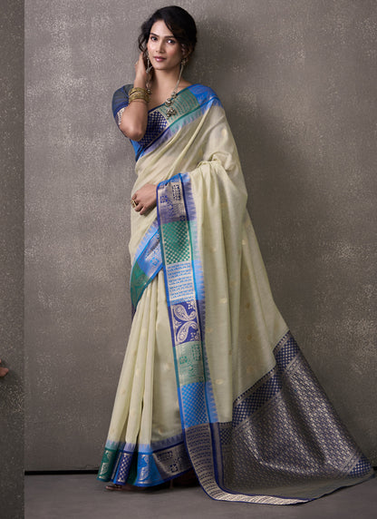 Navy Blue & Cream Cotton Rainbow Weaving Casual Wear Saree