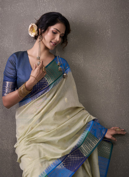 Navy Blue & Cream Cotton Rainbow Weaving Casual Wear Saree