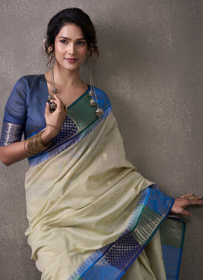 Navy Blue & Cream Cotton Rainbow Weaving Casual Wear Saree