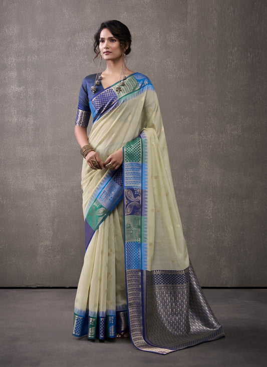 Navy Blue & Cream Cotton Rainbow Weaving Casual Wear Saree