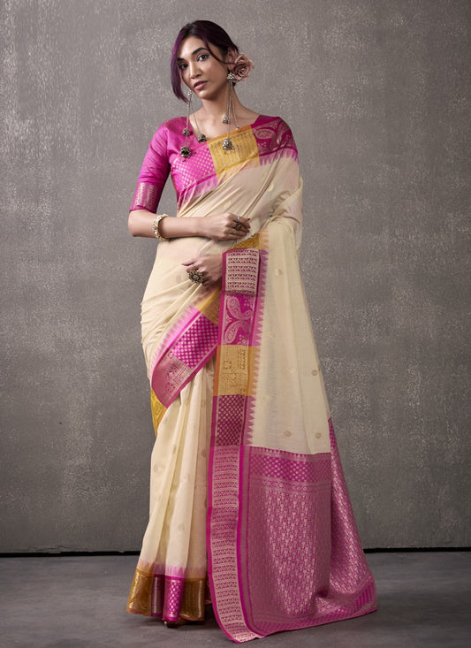 Rani Pink & Cream Cotton Rainbow Weaving Casual Wear Saree