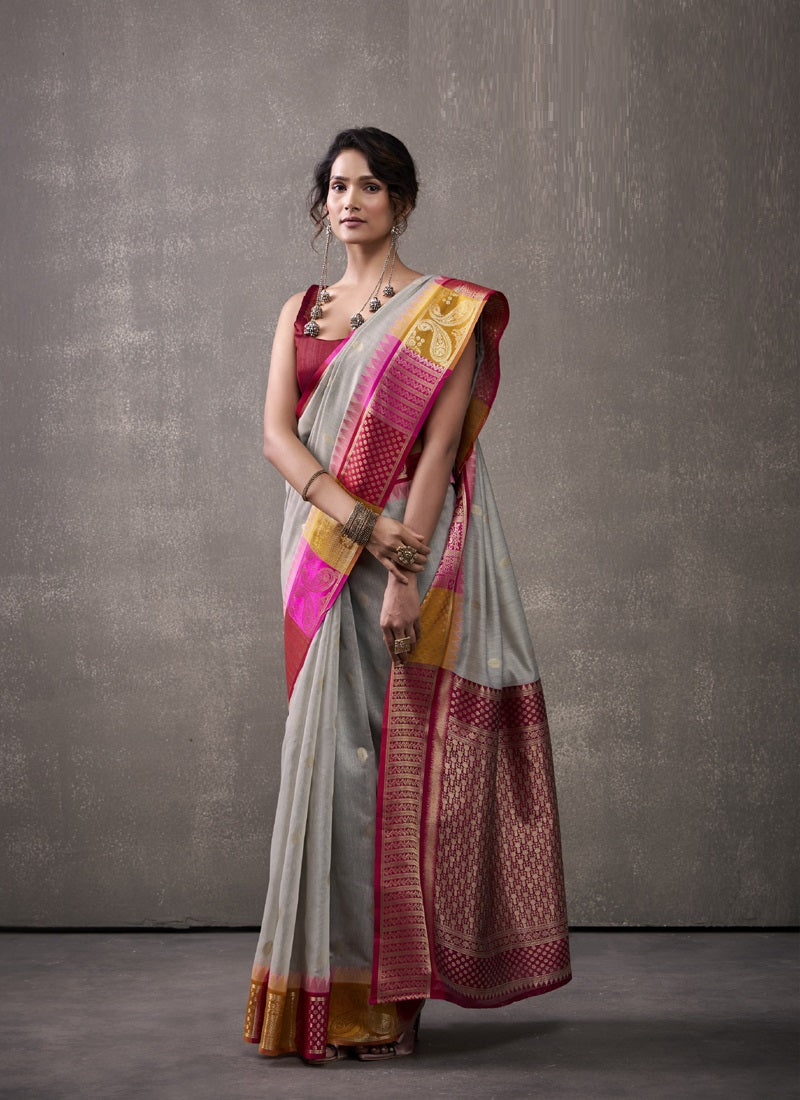 Maroon & Gray Cotton Rainbow Weaving Casual Wear Saree