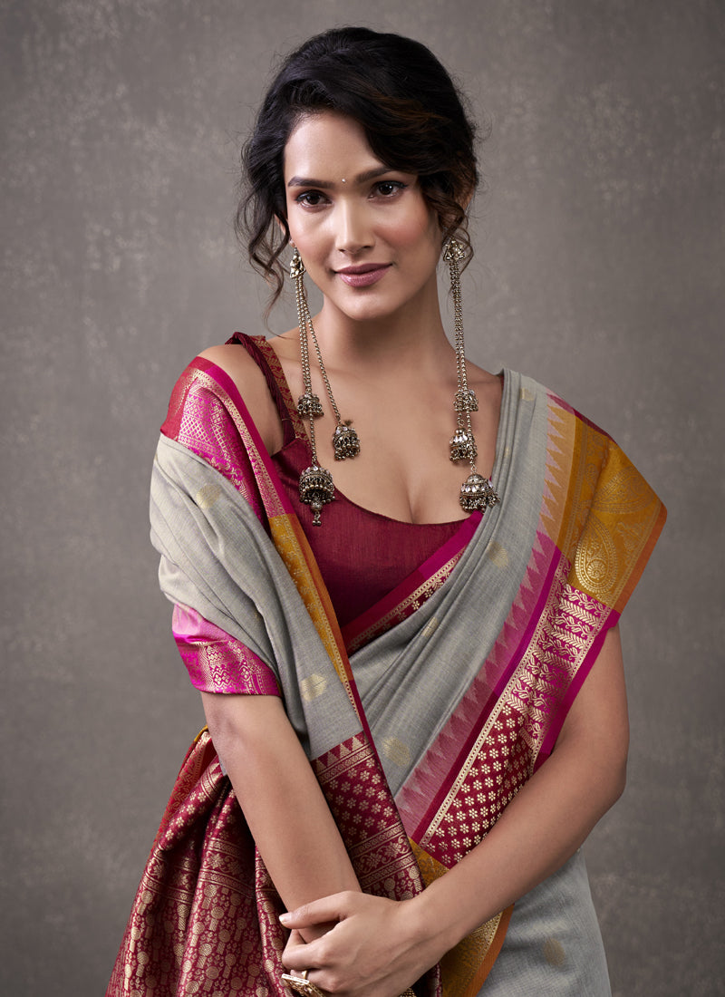 Maroon & Gray Cotton Rainbow Weaving Casual Wear Saree