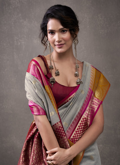 Maroon & Gray Cotton Rainbow Weaving Casual Wear Saree