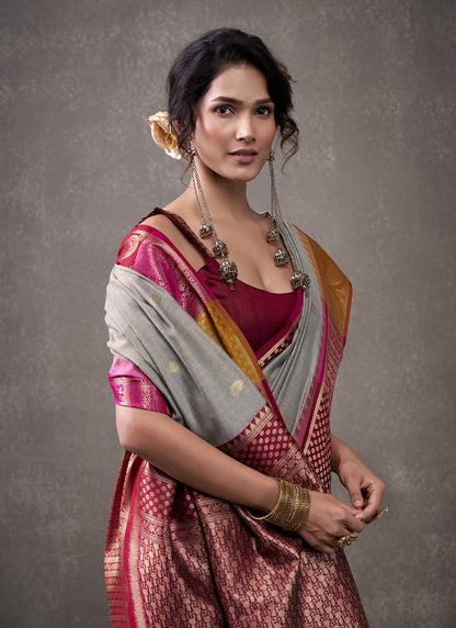 Maroon & Gray Cotton Rainbow Weaving Casual Wear Saree