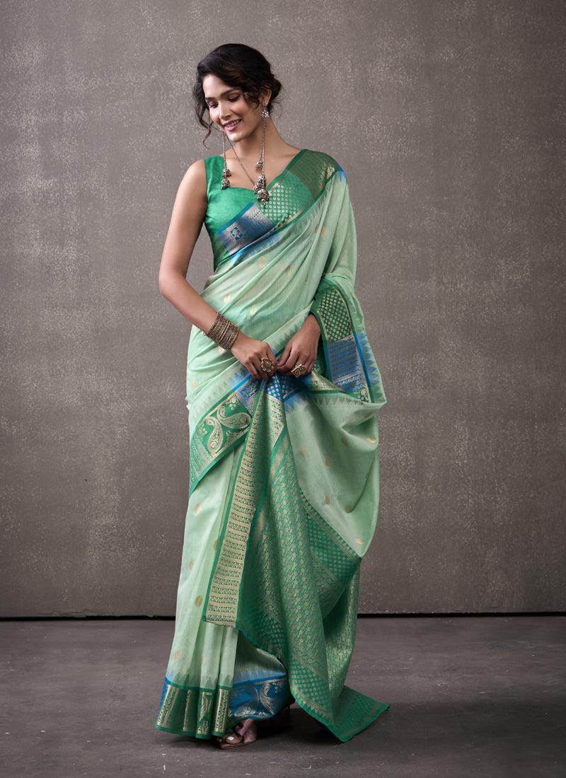 Green & Turquoise Cotton Rainbow Weaving Casual Wear Saree