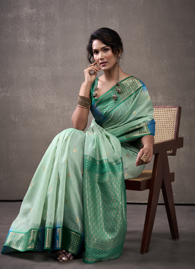 Green & Turquoise Cotton Rainbow Weaving Casual Wear Saree