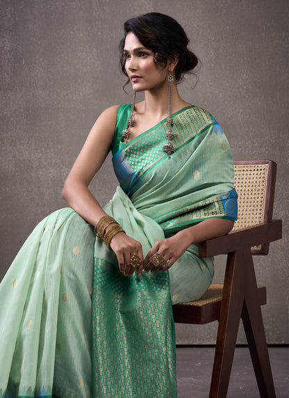 Green & Turquoise Cotton Rainbow Weaving Casual Wear Saree