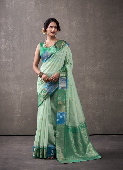 Green & Turquoise Cotton Rainbow Weaving Casual Wear Saree
