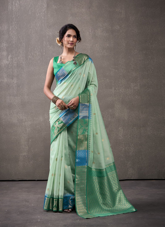 Green & Turquoise Cotton Rainbow Weaving Casual Wear Saree