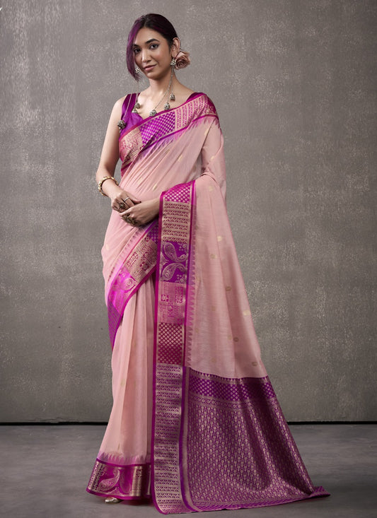 Magenta & Baby Pink Cotton Rainbow Weaving Casual Wear Saree