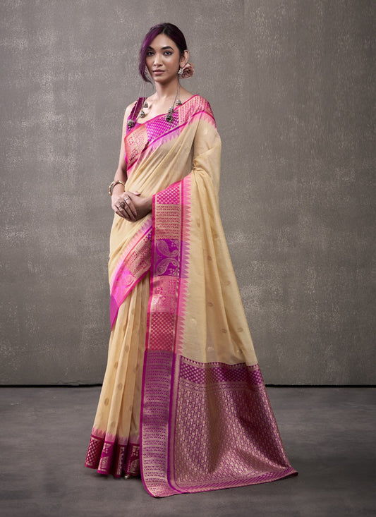 Magenta & Cream Cotton Rainbow Weaving Casual Wear Saree